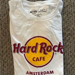 Hard Rock Cafe White Tee with Yellow Circle and Maroon Text